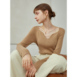 Christmas Gift FANSILANEN Women Knitted Sweater Long Sleeves Autumn Tops Gentle Retro Pullovers Irregular Neckline Solid Color Women Sweaters