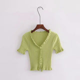 Kukombo Christmas Gift Summer Women Harajuku Knitted Short Ruffles Sleeve Shirt Crop Top Street Wear Femme Knit Skinny Tee Shirt Women