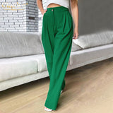 Kukombo Autumn Green Casual Womens Trouser Suits Fashion Loose Pleated Office Ladies Pants Vintage High Waist Pants For Women