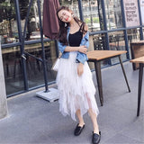Kukombo Elastic High Waist Irregular Tulle Midi Skirt Fashion Womens Mesh Tutu Maxi Pleated Long Skirt Faldas Mujer Moda Saias Jupe