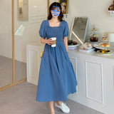 Kukombo Short Sleeve Dress Women Summer Solid Pleated Square Collar Mid-Calf Elegant Korean Simple Leisure Loose Preppy Womens A-Line BF