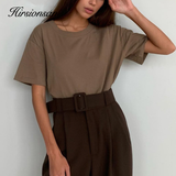 Christmas Gift Hirsionsan 100% Cotton T Shirt Women Summer New Oversized Solid Basic Tees 9 Color Casual Loose Tshirt Korean O Neck Khaki Tops