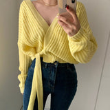 Kukombo Women Sweater Oversized Cardigan 2021 Fall Long Sleeve Coarse Yam Knitted Solid Plus Size Clothes V Neck Casual Lace Up