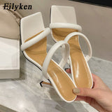 Christmas Gift Eilyken 2021 New Summer Yellow White Thin Heels Slippers Sandals Women Square toe Mules slippers Beach Leisure slides