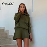 Kukombo Pockets Knitted Army Green Sweater Pull Femme Turn Downcollar Casual Autumn Winter Sweater Skirt Sets Matching Outfit