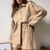 Kukombo  Women Two Piece Set Casual Long Sleeve Turn-Down Collar Cotton Linen Loose Blouse Shirts And High Waist Shorts Retro Tracksuit