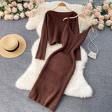 Kukombo Women Elegant Slim Two Piece Sets Female Sweater Dress Autumn Winter High Waist Knitted Ensemble Femme Medium Long Party Dresses