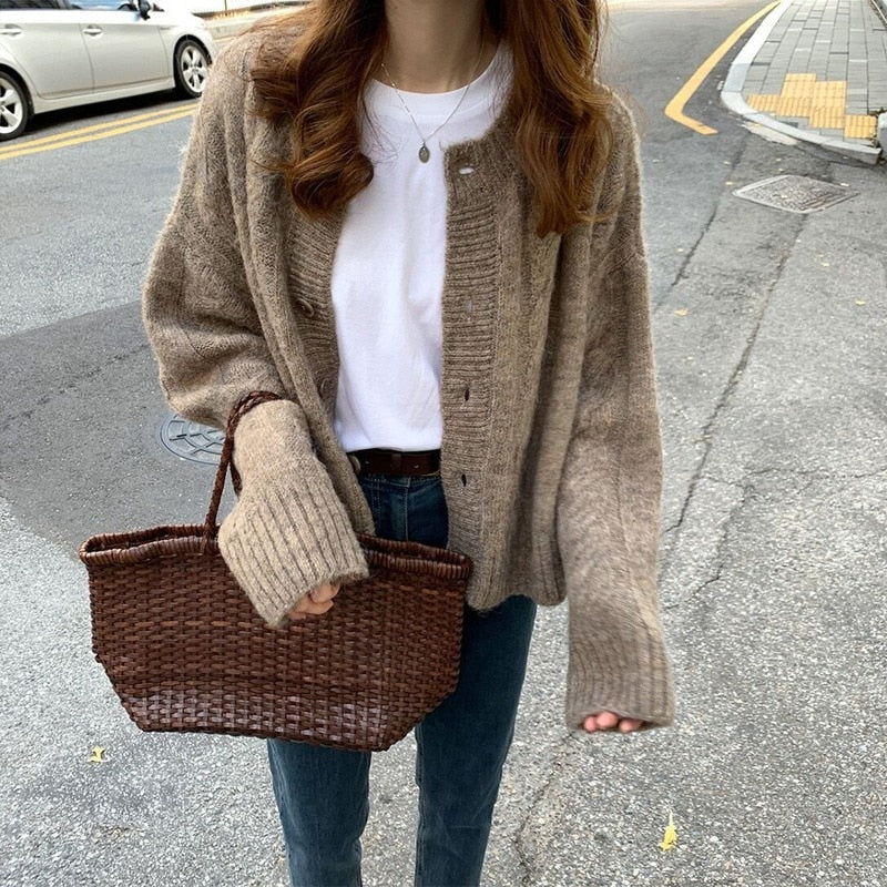 Kukombo Autumn Elegant Warm Sweater Cardigan Fashion Loose Thick V-neck Knitted Sweater Gentle Vintage Winter Clothes Women Tops