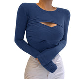 Kukombo Elegant Women T Shirt Round Neck Hollow Out Long Sleeve Slim Top 2022 Autumn Casual Solid Skinny Twist Together Tee Top