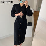Christmas Gift BGTEEVER Elegant O-neck Single-breasted Women Solid Sweater Dress OL Style Long Sleeve Belted Knitted Mid-length Dress Female