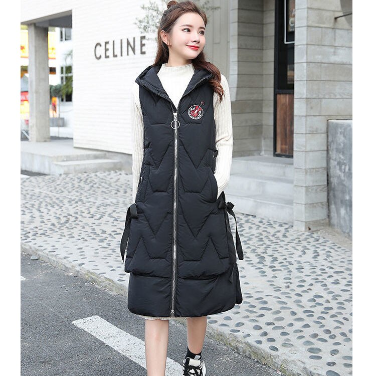 Christmas Gift 2021 Autumn and Winter Korean Mid-length Down Cotton Vest Women's Fashion Hooded Over-the-knee Long Vest Warm Cotton Waistcoat