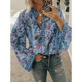 Kukombo Women Print Blouses Casual Loose Tops Stand V Neck Long Sleeves Button Plus Size Pullover Female Tee Shirts Blouse