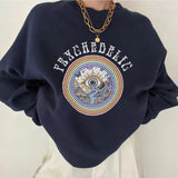 Kukombo Women Fashion Leisure Style Loose Hoodie Spring Autumn Geometric Printing Round Collar Long Sleeve Harajuku Sweatshirt Tops