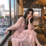 Kukombo Clothing Dresses Vestidos Print Korean Style Fashion New Long Sleeve Autumn Chiffon Pink Women