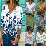Kukombo 2022 Autumn T Shirt Women Tops Casual Long Sleeve Clothing Female Loose V Neck T Shirts Lady Floral Print Top Camisas De Mujer