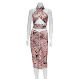 Kukombo 2023 Sexy Print Tracksuit Woman Two Piece Boho Outfit Suits Halter Bandage Tanks And Ruched Drawstring Midi Skirts Matching Sets