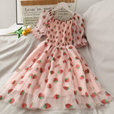 Kukombo  Strawberry Dress Women French Style Lace Chiffon Sweet Dress Casual Puff Sleeve Elegant Printed Kawaii Dress Women 2022 New