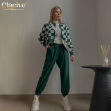 Kukombo Winter Chic Green Casual Women Trousers Fashion High Waist Pencil Pants Lady Elegant Slim Full Length Female Sweatpants
