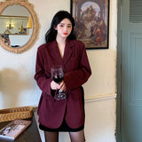 Kukombo Christmas Gift Blazers Women Spring Clothes Retro Burgundy Elegant Fashion Classy College All-match Vintage Loose Simple Design Corduroy