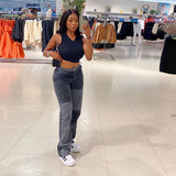 Kukombo Grey Patchwork Straight Mom Jeans Woman High Waist Pockets Boyfriend Classic Streetwear Black Pants Loose Denim
