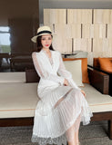 Kukombo Fashion Designer Spring Elegant Dresses 2022 Dress Autumn Women V-Neck Luxury Lace Patchwork Embroidery Sweet Midi Dress Female