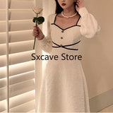 Christmas Gift Elegant Vintage White Dress Women 2021 Winter Fairy Midi Party Dress Evening Office Lady Design Outwear One Piece Dress Korean