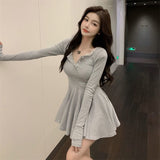 Kukombo Long Sleeve Dress Women Casual Sexy Spicy All-Match Solid Mini Breathe Vestidos Tender Retro Street Wear Clothing Schoolgirl Ins