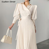 Kukombo Korean Chic Pleated Dress Woman V-Neck Apricot Elegant Long Dress Vestido Female Fall 2022 Turn-Down Neck Lace Up Dresses OL