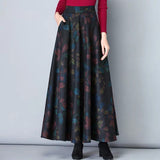 Kukombo Vintage A-Line High Waist Woolen Skirts Autumn Winter Fashion Women's Wool Maxi Skirts Female Casual Long Streetwear