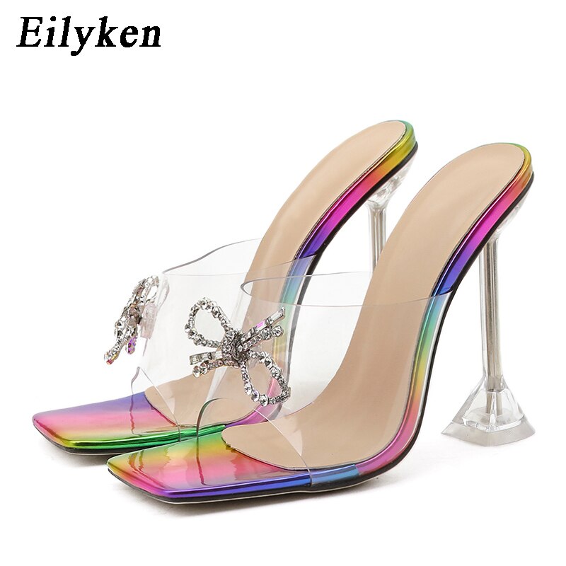Christmas Gift Eilyken PVC Transparent Crystal Sun Flowers Buckle Womens Slippers Summer Square Toe Ladies Strange High Heels Sandals Shoes