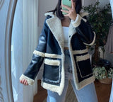 Kukombo Fur Leather Coat Oversized Black Autumn Thick Warm Casual Loose Long Sleeve Plus Size Fuax Fur Winter Jacket