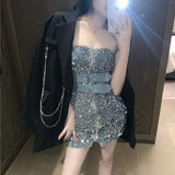 Kukombo Winter Sexy Sequins Party Black Bandage Bodycon Pencil Christmas Dress Women Sleeveless Off Shoulder Mini Dress Female Vintage