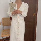 Christmas Gift Women Long Sleeve Shirt Dresses V-Neck Single Breasted Tweed Vestidos Female Vintage Hepburn Elegant Loose Maxi Clothes Robe