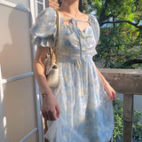 Kukombo French Kawaii Sweet Dress Women Short Sleeve Lace-up Elegant Dress Floral Design Party Fairy Dress 2022 Summer Sexy
