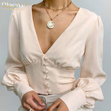 Kukombo Sexy V-Neck Pink Women Shirt 2021 Autumn Long Sleeve Fashion Blouse Casual Slim Single-Breasted Blue Blouses And Shirts