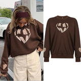 Kukombo Harajuku Oversized Hoodies Women Brown Letter Embroidery Cotton Long Sleeve Pullover Girls Casual Aesthetic Sweatshirts