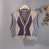 Kukombo  2022 New Autumn Winter Women Sweaters V-Neck Sleeveless Oversized Vintage Vest Argyle Waistcoat Lady Tops SWV1380JX
