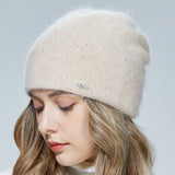Christmas Gift Women hat  Knitted double layer for warmth Angora wool Front diamond decoration For girl Three-dimensional sewing