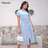 Christmas Gift Marwin Long Simple Casual Dot Dress With Belt Holiday Style High Waist Buttoned Fashion Mid-Calf Summer Dresses NEW Vestidos