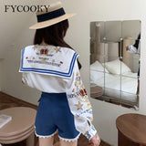 Kukombo 2022 Autumn New Short Sets Women Navy Collar Printed Long Sleeved Shirt + Lace Stitching Shorts Two-Piece Suit Female