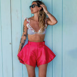 Kukombo red flare mini shorts high waist elegant women summer casual solid vintage beach casual fashion streetwear shorts