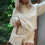 Kukombo  Women Solid Tracksuits Casual Long Sleeve Pullover Sweatshirt And Drawstring Shorts Suits Fashion Loose Female Two Piece Sets
