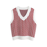 Kukombo Autumn Winter Women Sweater Vest Houndstooth Loose Knitted V-Neck Sleeveless Chic Top Fashion Vintage Sweater Female Waistcoat