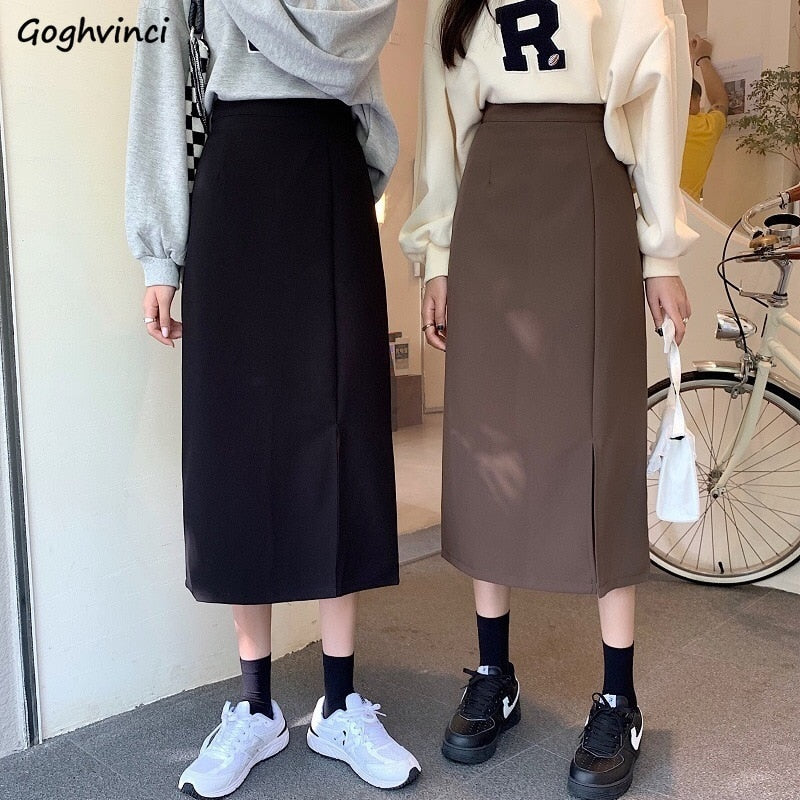 Kukombo Midi Skirts Women Korean Style Solid Ladies Design Temperament Autumn Feminino Side-Slit All-Match Leisure New College Empire