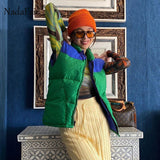 Nadafair Sleeveless Quilted Jacket Green Blue Patchwork Autumn Winter Thick Wram Puffer Bubble Jacket Padded Cutton Vest