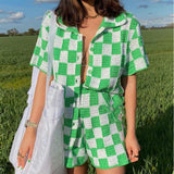 Kukombo  2022 Casual Knit Lounge Wear Women Tracksuit Summer Shorts Set Green Plaid Shirt Tops And Mini Loose Shorts Two Piece Set