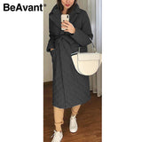 Kukombo Long straight coat with rhombus pattern Casual sashes women winter parka Deep pockets tailored collar stylish outerwear