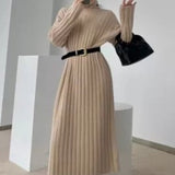 Kukombo Christmas Gift Women Autumn Winter Turtleneck Casual Midi Knitted Dress Long Sleeve Loose Elegant Sweater Vestidos Femme Fashion Outerwear Robe