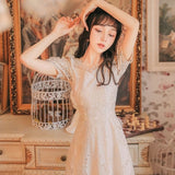 Kukombo  French Fairy Vintage Dress 2022 Summer Bowknot A-Line Elegant Lace Dress Female Square Collar One Piece Dress Korean Weddings