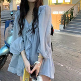 Kukombo 2022 Autumn Sweet Elegant Chiffon Blouse Women Blue Casual Korean Fashion Blouse Female Ruffle High Street Designer Clothing New K126